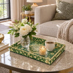 Ramadan Decorative Plastic Serving Tray – Green Gold Medallion full-print plastic serving tray shown in a styled room scene.