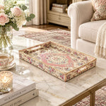 Ramadan Decorative Plastic Serving Tray – Pink Cream Medallion full-print plastic serving tray shown in a styled room scene.