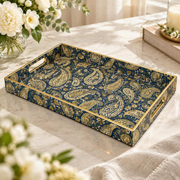 Daily Decorative Plastic Serving Tray – Navy Gold Elongated Paisley - MintiHome