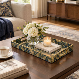 Daily Decorative Plastic Serving Tray – Navy Gold Elongated Paisley - MintiHome