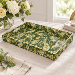 Daily Decorative Plastic Serving Tray – Forest Green Cream Paisley - MintiHome