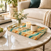 Daily Decorative Plastic Serving Tray – Cream Teal Rust Ikat Waves full-print plastic serving tray shown in a styled room scene.