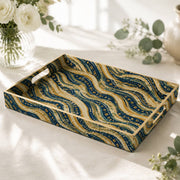 Daily Decorative Plastic Serving Tray – Indigo Gold Ikat Chevron full-print plastic serving tray shown in a product view.