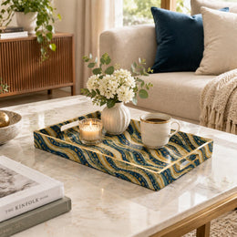 Daily Decorative Plastic Serving Tray – Indigo Gold Ikat Chevron full-print plastic serving tray shown in a styled room scene.