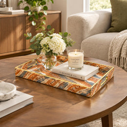 Daily Decorative Plastic Serving Tray – Clay Denim Ikat Filaments full-print plastic serving tray shown in a styled room scene.