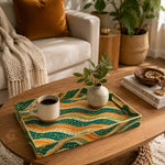 Daily Decorative Plastic Serving Tray – Pine Apricot Stripe Ikat full-print plastic serving tray shown in a styled room scene.