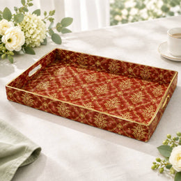 Daily Decorative Plastic Serving Tray – Burgundy Gold Damask Ogee full-print plastic serving tray shown in a product view.