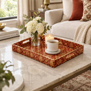 Daily Decorative Plastic Serving Tray – Burgundy Gold Damask Ogee full-print plastic serving tray shown in a styled room scene.