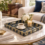 Daily Decorative Plastic Serving Tray – Indigo Gold Acanthus Scroll full-print plastic serving tray shown in a styled room scene.