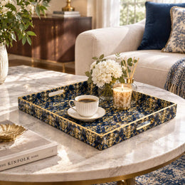 Daily Decorative Plastic Serving Tray – Indigo Gold Acanthus Scroll full-print plastic serving tray shown in a styled room scene.