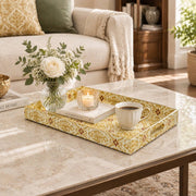 Daily Decorative Plastic Serving Tray – Ivory Gold Arabesque Lattice full-print plastic serving tray shown in a styled room scene.