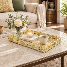 Daily Decorative Plastic Serving Tray – Ivory Gold Arabesque Lattice full-print plastic serving tray shown in a styled room scene.