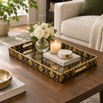 Daily Decorative Plastic Serving Tray – Charcoal Bronze Cartouche full-print plastic serving tray shown in a styled room scene.