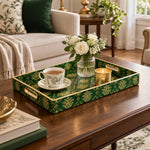 Daily Decorative Plastic Serving Tray – Emerald Gold Palmette Damask full-print plastic serving tray shown in a styled room scene.