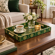 Daily Decorative Plastic Serving Tray – Emerald Gold Palmette Damask full-print plastic serving tray shown in a styled room scene.