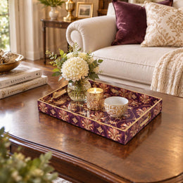 Daily Decorative Plastic Serving Tray – Plum Rose Gold Plume Damask full-print plastic serving tray shown in a styled room scene.
