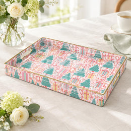 Christmas Decorative Plastic Serving Tray – Blush Retro Tree Medley full-print plastic serving tray shown in a product view.