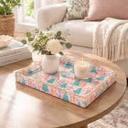 Christmas Decorative Plastic Serving Tray – Blush Retro Tree Medley full-print plastic serving tray shown in a styled room scene.