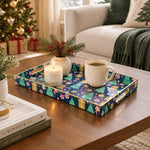 Christmas Decorative Plastic Serving Tray – Midnight Mint Tree Repeat full-print plastic serving tray shown in a styled room scene.