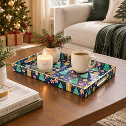 Christmas Decorative Plastic Serving Tray – Midnight Mint Tree Repeat full-print plastic serving tray shown in a styled room scene.