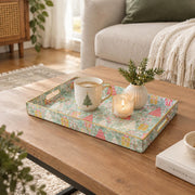 Christmas Decorative Plastic Serving Tray – Sage Cream Tree Repeat full-print plastic serving tray shown in a styled room scene.