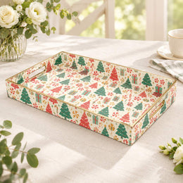 Christmas Decorative Plastic Serving Tray – Ivory Teal Tree Repeat full-print plastic serving tray shown in a product view.