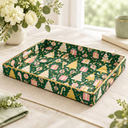 Christmas Decorative Plastic Serving Tray – Emerald Gold Tree Repeat full-print plastic serving tray shown in a product view.