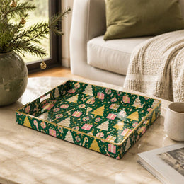Christmas Decorative Plastic Serving Tray – Emerald Gold Tree Repeat full-print plastic serving tray shown in a styled room scene.