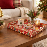 Christmas Decorative Plastic Serving Tray – Cranberry Mint Tree Repeat full-print plastic serving tray shown in a styled room scene.