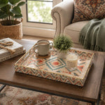 Daily Decorative Plastic Serving Tray – Sand Brick Kilim Patchwork full-print plastic serving tray shown in a styled room scene.