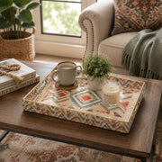 Daily Decorative Plastic Serving Tray – Sand Brick Kilim Patchwork full-print plastic serving tray shown in a styled room scene.