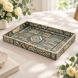 Daily Decorative Plastic Serving Tray – Indigo Camel Loom Panel full-print plastic serving tray shown in a product view.