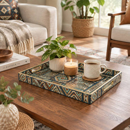 Daily Decorative Plastic Serving Tray – Indigo Camel Loom Panel full-print plastic serving tray shown in a styled room scene.