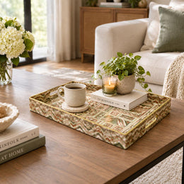 Daily Decorative Plastic Serving Tray – Sage Terracotta Zigzag full-print plastic serving tray shown in a styled room scene.