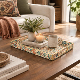 Daily Decorative Plastic Serving Tray – Ivory Teal Key Spiral full-print plastic serving tray shown in a styled room scene.