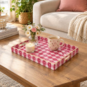 Valentine's Day Decorative Plastic Serving Tray – Berry Heart Gingham full-print plastic serving tray shown in a styled room scene.