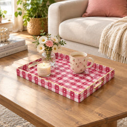 Valentine's Day Decorative Plastic Serving Tray – Berry Heart Gingham full-print plastic serving tray shown in a styled room scene.