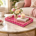 Valentine's Day Decorative Plastic Serving Tray – Fuchsia Heart Check full-print plastic serving tray shown in a styled room scene.