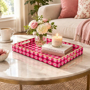 Valentine's Day Decorative Plastic Serving Tray – Fuchsia Heart Check full-print plastic serving tray shown in a styled room scene.