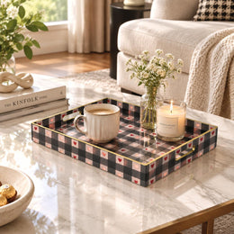 Valentine's Day Decorative Plastic Serving Tray – Jewel Red Hearts full-print plastic serving tray shown in a styled room scene.