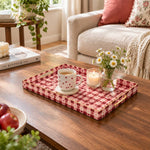 Valentine's Day Decorative Plastic Serving Tray – Burgundy Heart Grid full-print plastic serving tray shown in a styled room scene.