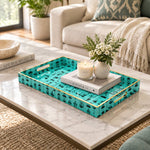 Ramadan Decorative Plastic Serving Tray – Turquoise Lantern Chain full-print plastic serving tray shown in a styled room scene.