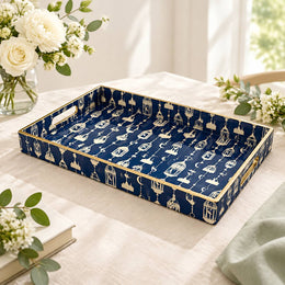 Ramadan Decorative Plastic Serving Tray – Indigo Ivory Lantern Swag full-print plastic serving tray shown in a product view.