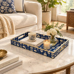 Ramadan Decorative Plastic Serving Tray – Indigo Ivory Lantern Swag full-print plastic serving tray shown in a styled room scene.