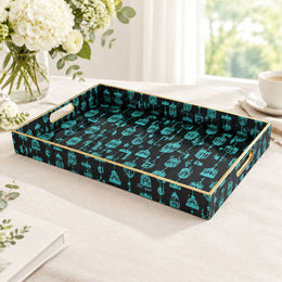 Ramadan Decorative Plastic Serving Tray – Charcoal Turquoise Fretwork full-print plastic serving tray shown in a product view.