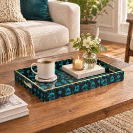 Ramadan Decorative Plastic Serving Tray – Charcoal Turquoise Fretwork full-print plastic serving tray shown in a styled room scene.