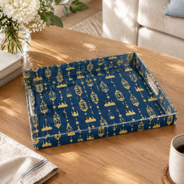 Ramadan Decorative Plastic Serving Tray – Navy Gold Lantern Chain transparent acrylic serving tray shown in a product view.