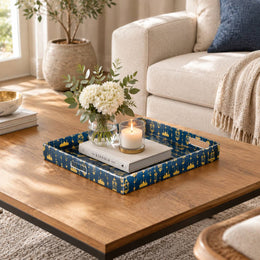 Ramadan Decorative Plastic Serving Tray – Navy Gold Lantern Chain transparent acrylic serving tray shown in a styled room scene.