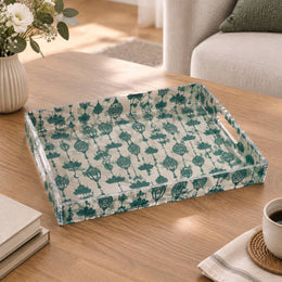 Ramadan Decorative Plastic Serving Tray – Ivory Emerald Lantern Drop transparent acrylic serving tray shown in a product view.