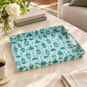 Ramadan Decorative Plastic Serving Tray – Mint Indigo Lantern Repeat transparent acrylic serving tray shown in a product view.